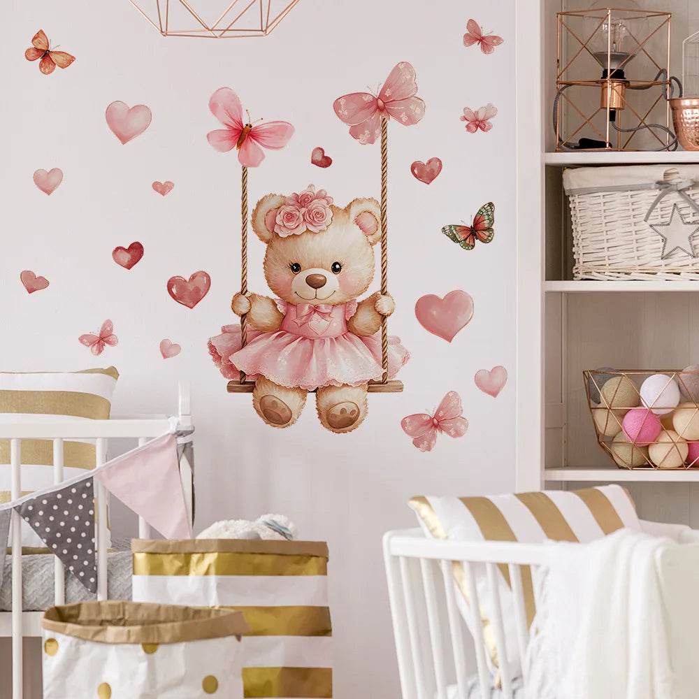 Cute Wall Stickers Cartoon Bear Swing Butterfly For Kids - ToylandEU
