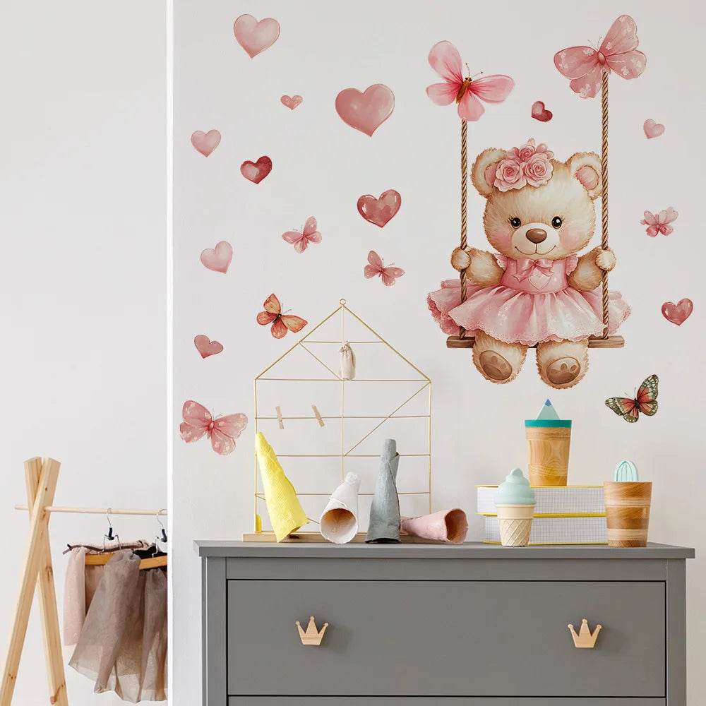Cute Wall Stickers Cartoon Bear Swing Butterfly For Kids - ToylandEU