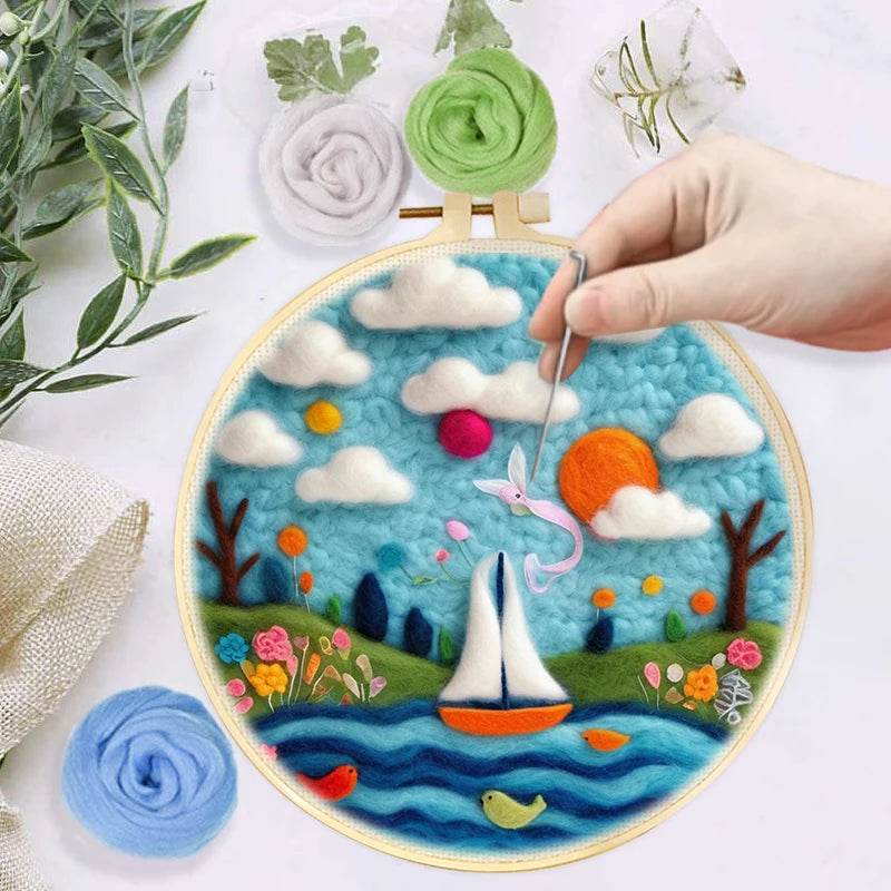 DIY 20x20cm Frame Wool Felting Painting Kit Handicraft Needle Wool Painting Seascape Sailboat Home Decor Art Craft Gift - ToylandEU