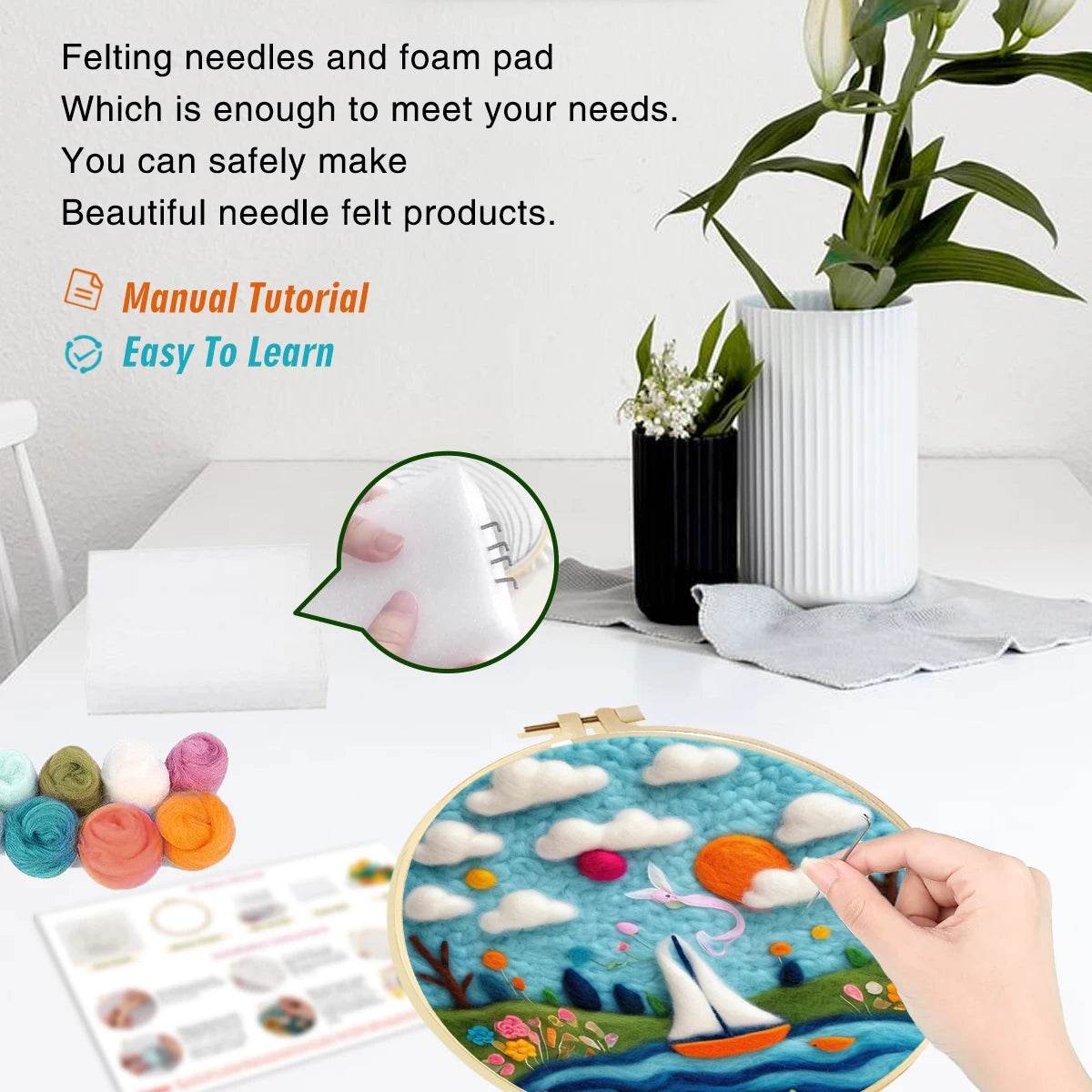 DIY 20x20cm Frame Wool Felting Painting Kit Handicraft Needle Wool Painting Seascape Sailboat Home Decor Art Craft Gift - ToylandEU