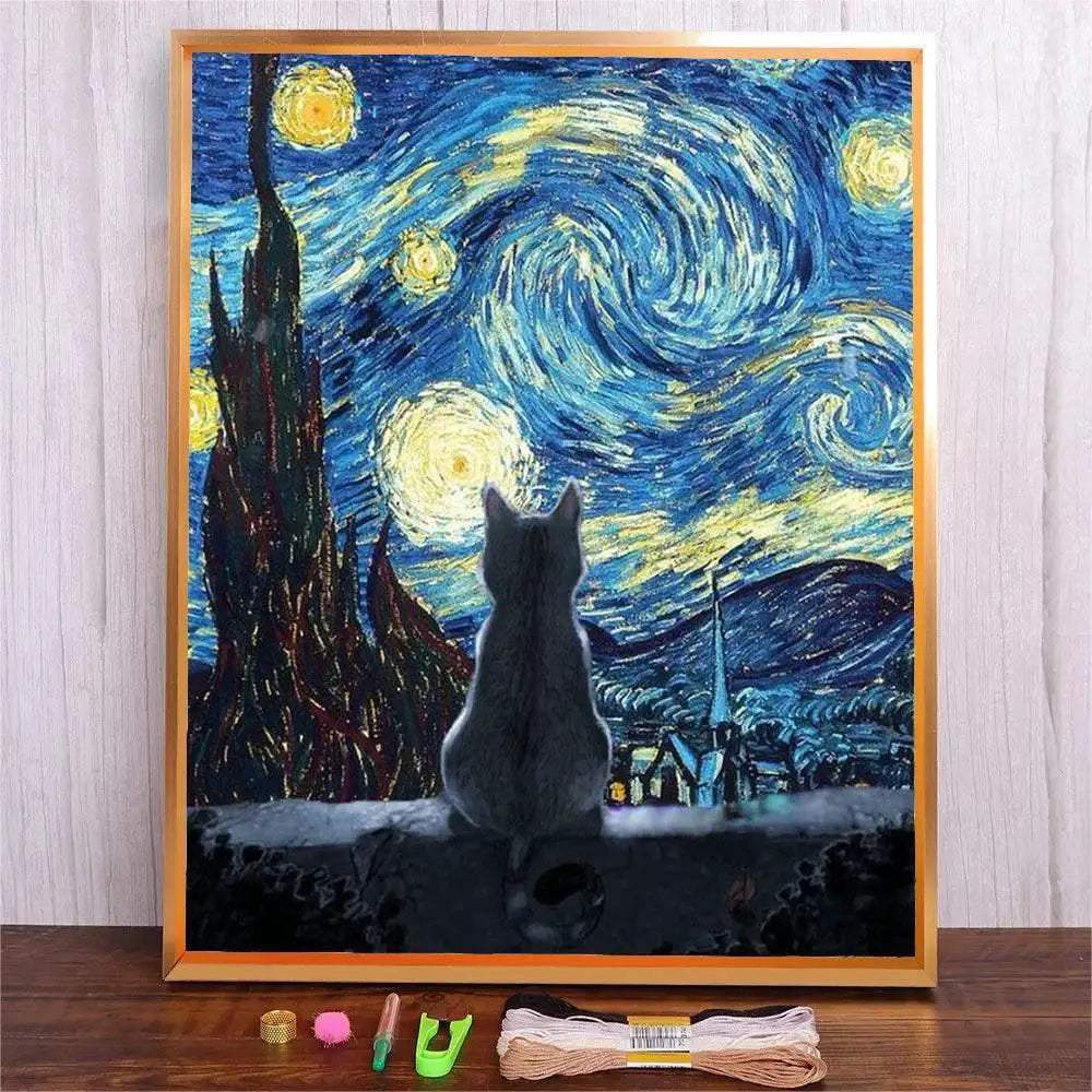 DIY Cotton Thread Embroidery Kit - Starry Sky Canvas Painting for Cat Lovers - Modern Home Decor - ToylandEU