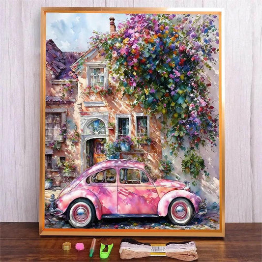  DIY Embroidery Kit for Adults - Pink Car Design Cross Stitch Craft with Cotton Thread -  ToylandEU™
