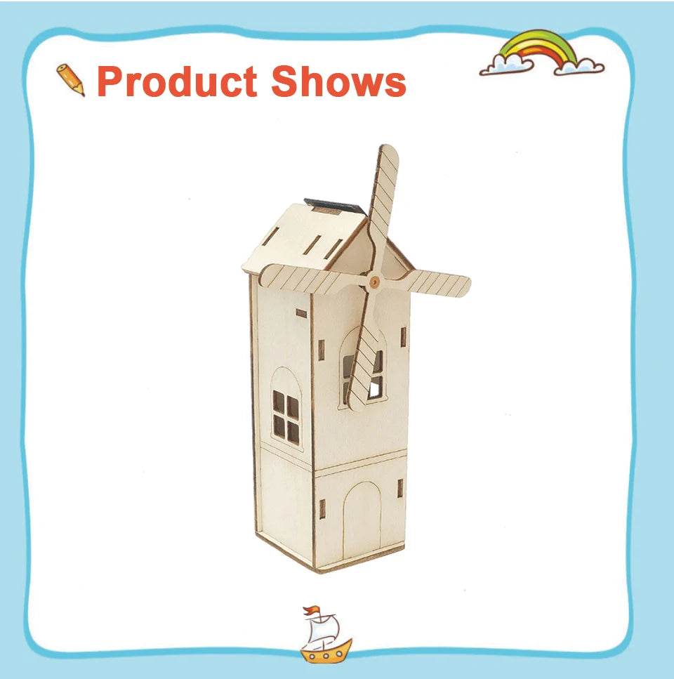 DIY Mini Wooden Windmill House Model 3D Puzzles Assemble Solar Powered Windmill for Kids STEM Science Educational Toy - ToylandEU
