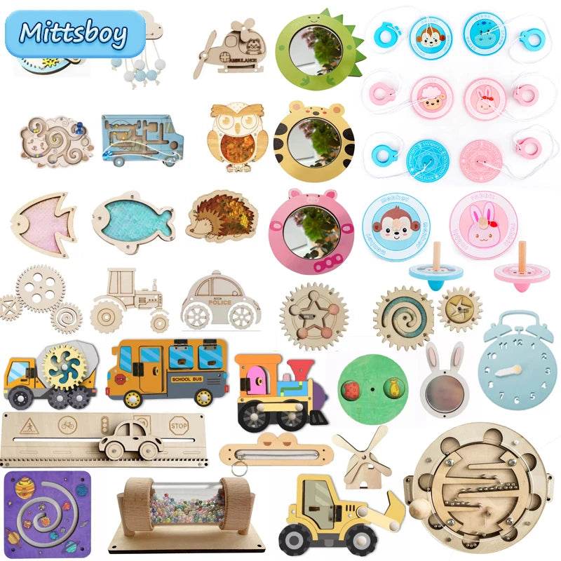 DIY Montessori Busy Board Wooden Accessories Hand Pulled Wheel Gear Drum Car Castle Early Educational Toy For Children Gift - ToylandEU