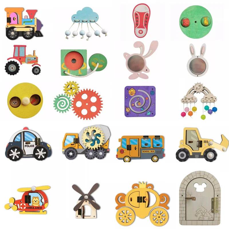 DIY Montessori Busy Board Wooden Accessories Hand Pulled Wheel Gear Drum Car Castle Early Educational Toy For Children Gift - ToylandEU