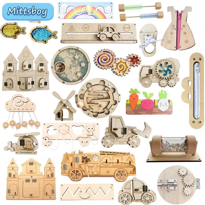 DIY Montessori Busy Board Wooden Accessories Hand Pulled Wheel Gear Drum Car Castle Early Educational Toy For Children Gift - ToylandEU