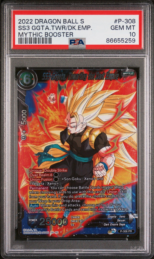 2022 DRAGON BALL SUPER MYTHIC BOOSTER SS3 GOGETA, THWRT/EMP #P-308 - PSA 10 - ToylandEU