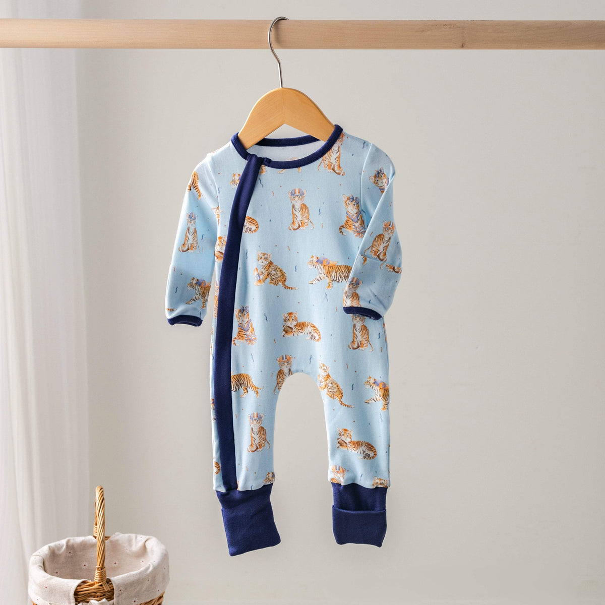 Organic Cotton Kids Pajamas | Blue Tigers Print | Zipper Closure | Toddler Sizes