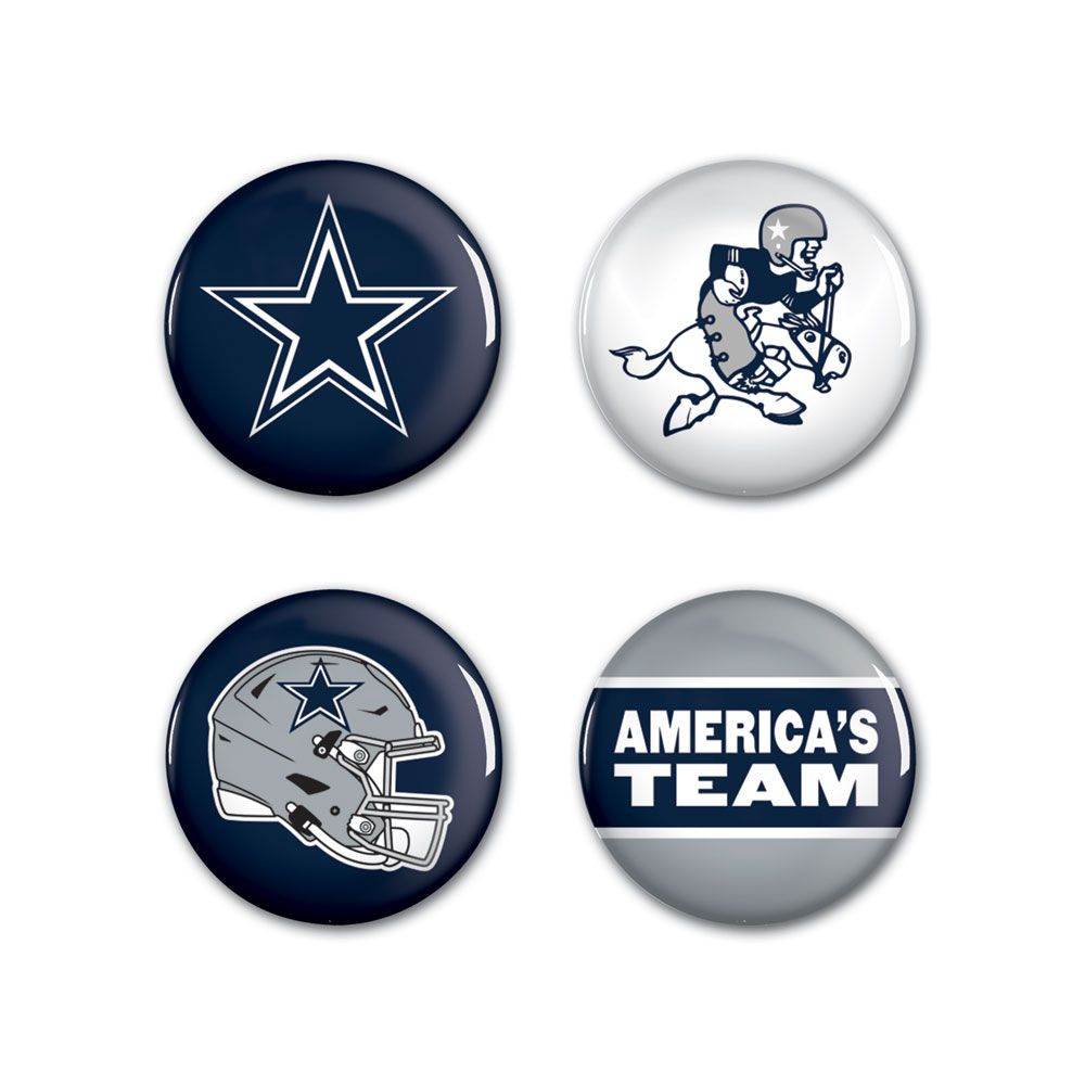 Dallas Cowboys Buttons Four Pack Primary Logo Helmet Slogan - ToylandEU