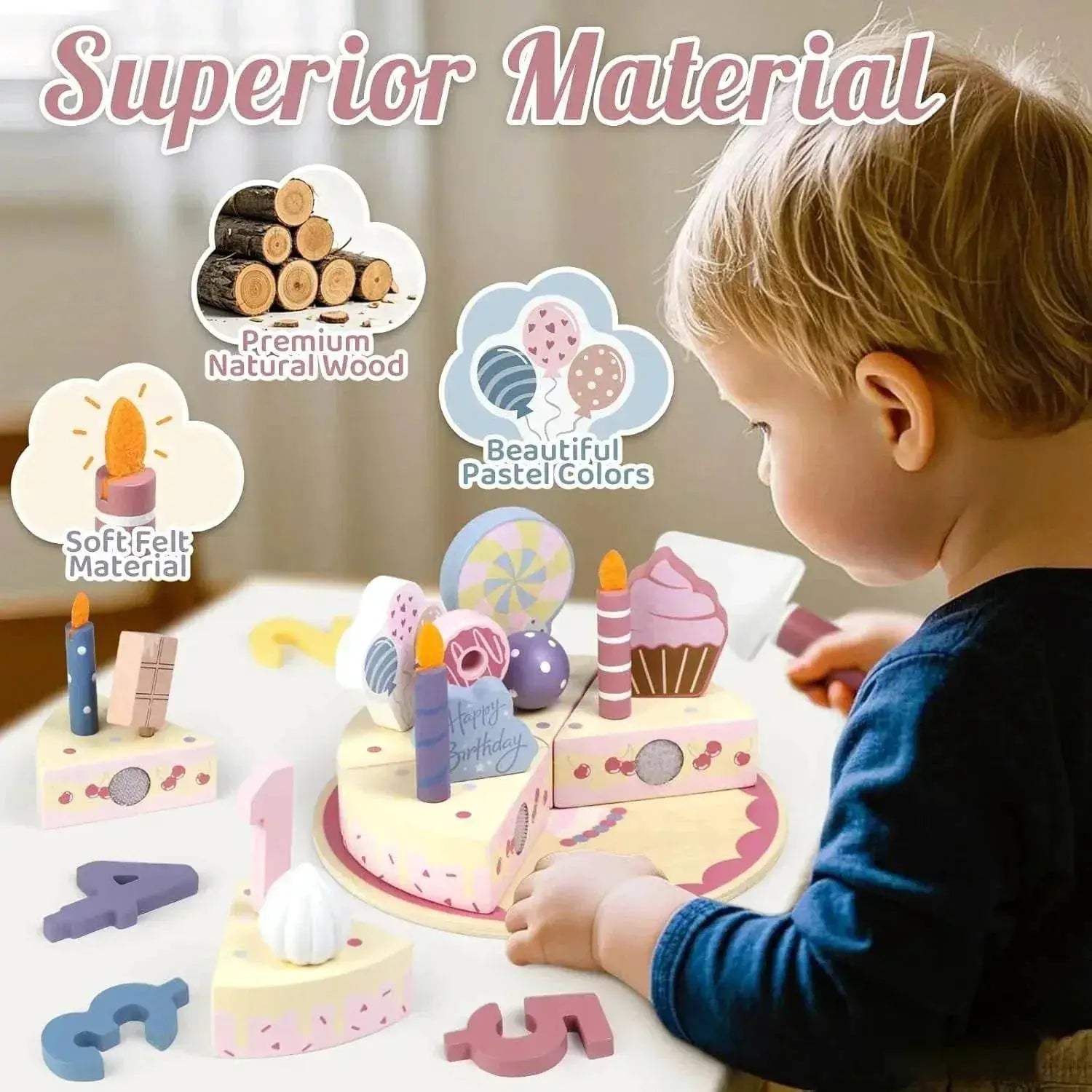 Delightful Wooden Birthday Party Cake Play Food Set for Kids Educational Pretend Play - ToylandEU