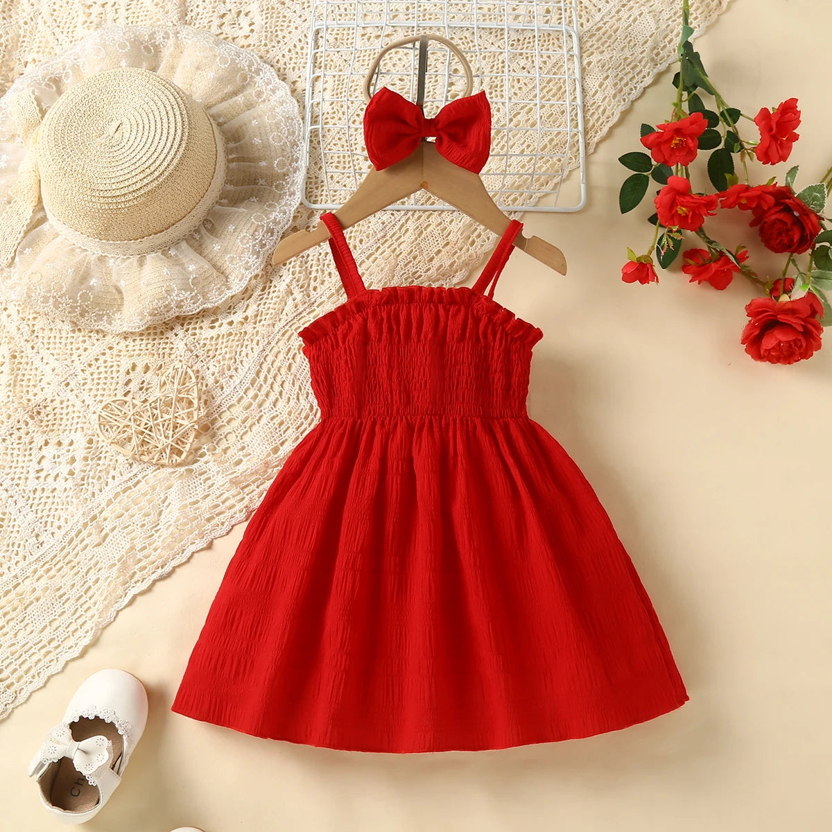Deluxe Baby Girl Suspenders Dress Red Ruffle Bow Two Piece Set For 0 To 3 Years - ToylandEU