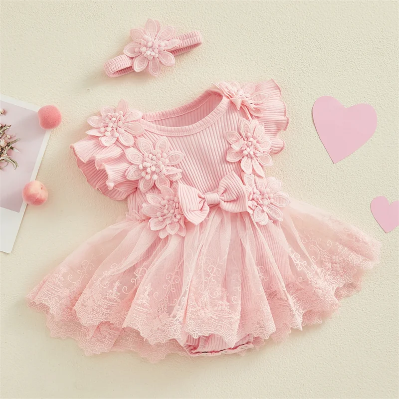 Deluxe Baby Girls Romper 3D Flower Mesh Lace Patchwork Ruffles For Newborns - ToylandEU