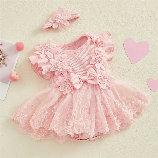 Deluxe Baby Girls Romper 3D Flower Mesh Lace Patchwork Ruffles For Newborns - ToylandEU
