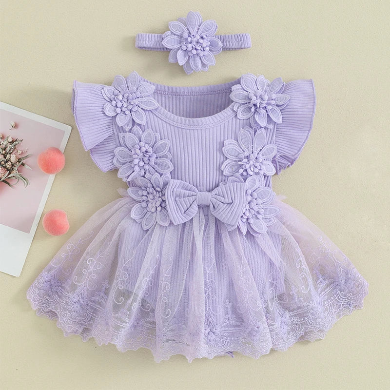 Deluxe Baby Girls Romper 3D Flower Mesh Lace Patchwork Ruffles For Newborns - ToylandEU