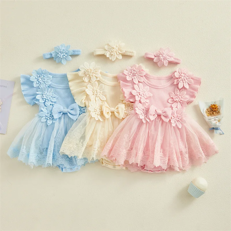 Deluxe Baby Girls Romper 3D Flower Mesh Lace Patchwork Ruffles For Newborns - ToylandEU