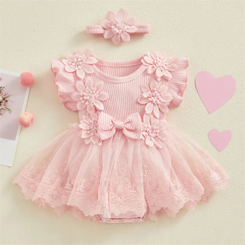 Deluxe Baby Girls Romper 3D Flower Mesh Lace Patchwork Ruffles For Newborns - ToylandEU