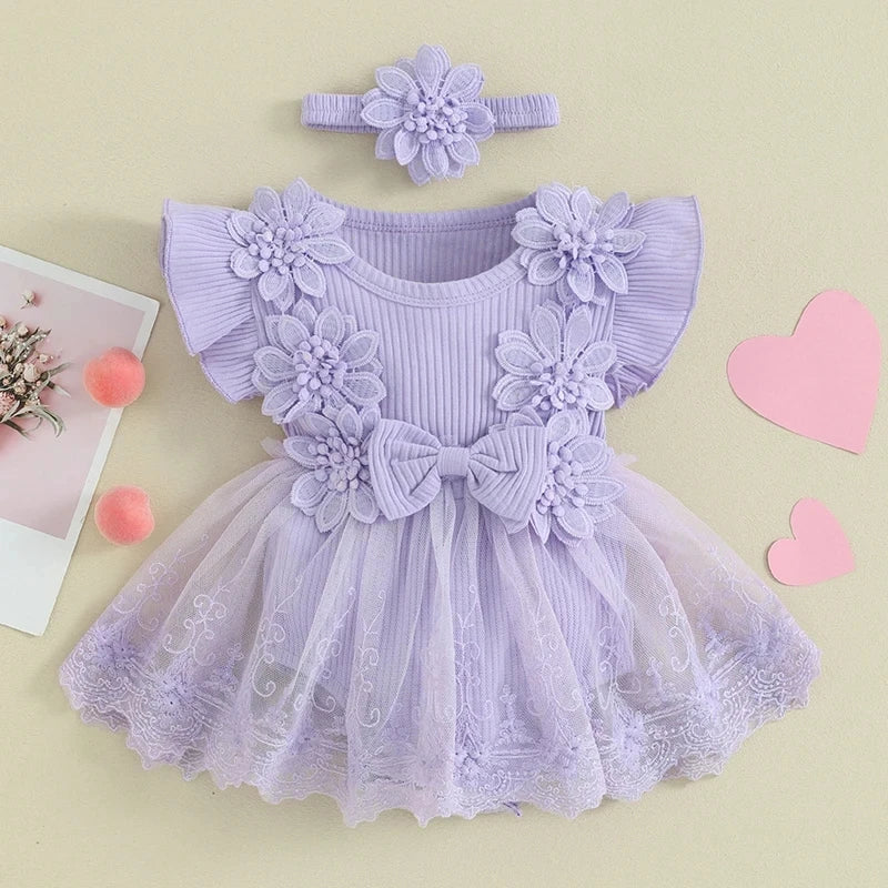 Deluxe Baby Girls Romper 3D Flower Mesh Lace Patchwork Ruffles For Newborns - ToylandEU