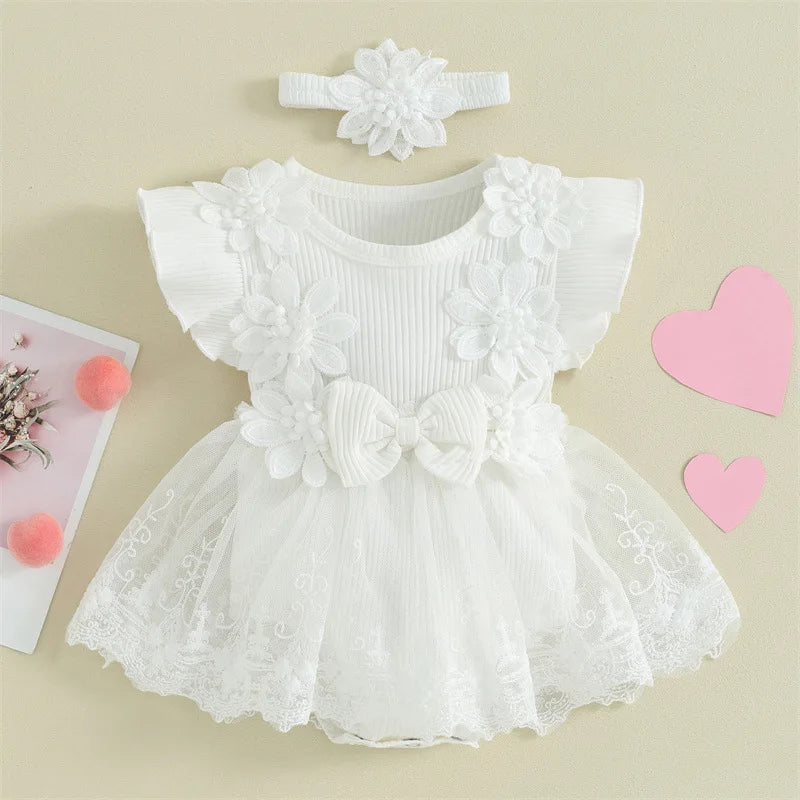 Deluxe Baby Girls Romper 3D Flower Mesh Lace Patchwork Ruffles For Newborns - ToylandEU