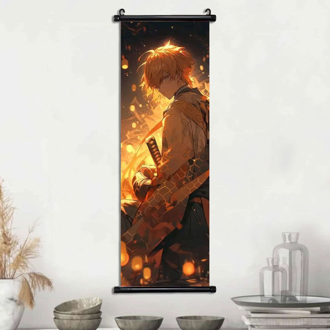  Demon Slayer Scroll Wall Art, Hashira Nezuko Agatsuma Zenitsu Inosuke Scroll Canvas Wall Hanging Painting Home Decor Anime Poster for Bedrooms 