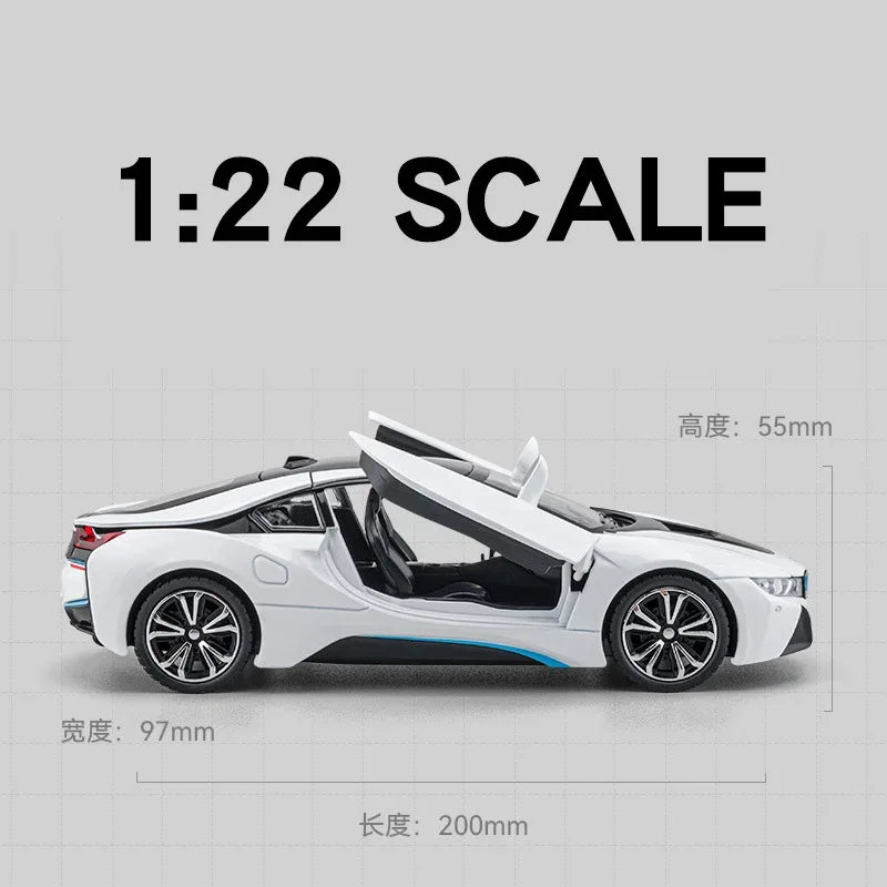 Diecast 1:22 BMW I8 Model Car With Pull Back Action And Lights For Kids - ToylandEU
