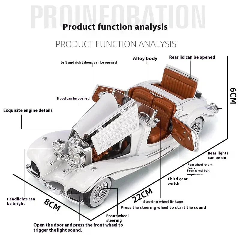 Diecast Car 1 24 Scale Metal Alloy Mercedes Benz 500K For Collectors - ToylandEU