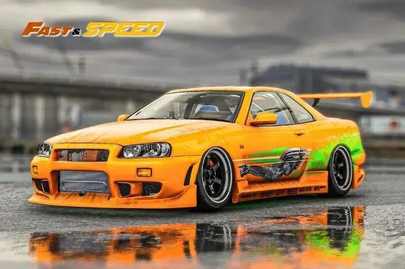  Fast Speed Nissan Skyline GT-R R34 Z-Tune HighWing Edition FNS Livery Amber Orange 1:64 -  ToylandEU™