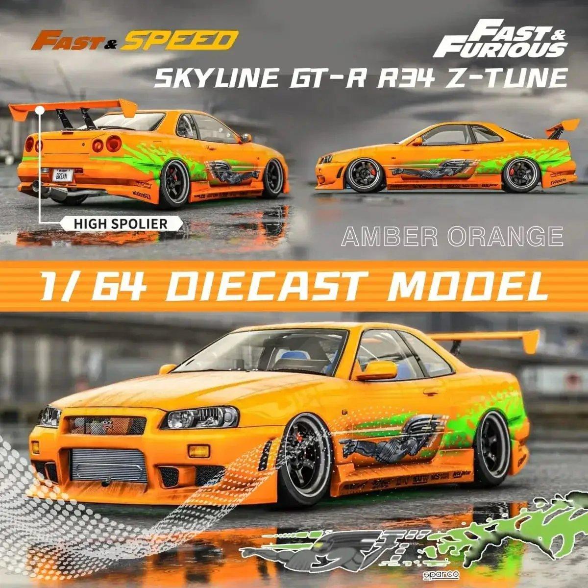  Fast Speed Nissan Skyline GT-R R34 Z-Tune HighWing Edition FNS Livery Amber Orange 1:64 -  ToylandEU™