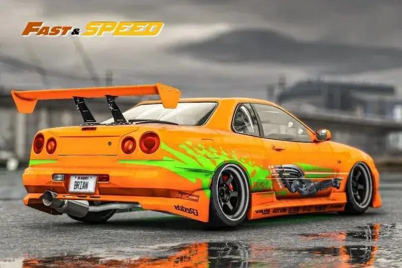  Fast Speed Nissan Skyline GT-R R34 Z-Tune HighWing Edition FNS Livery Amber Orange 1:64 -  ToylandEU™