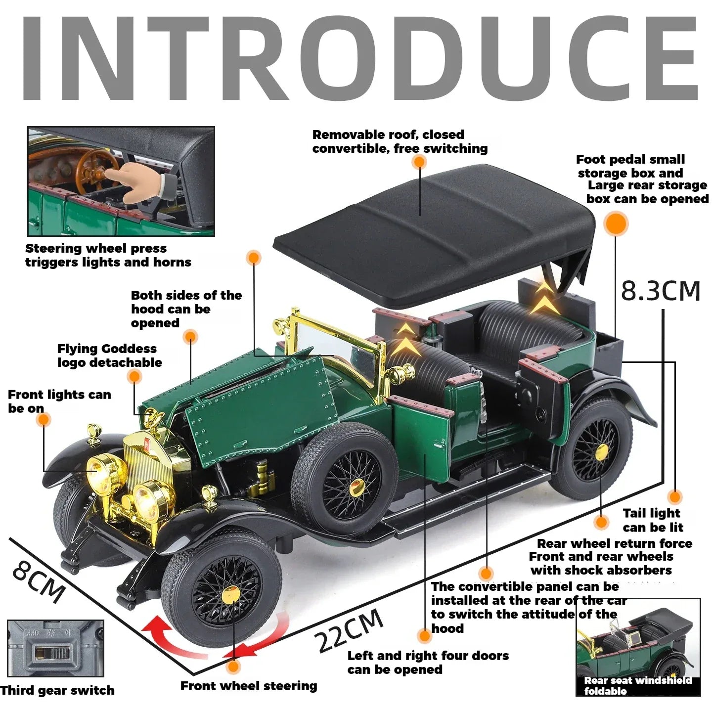 Diecast Car Rolls Royce Phantom I 1925 Pull Back For Collectors - ToylandEU