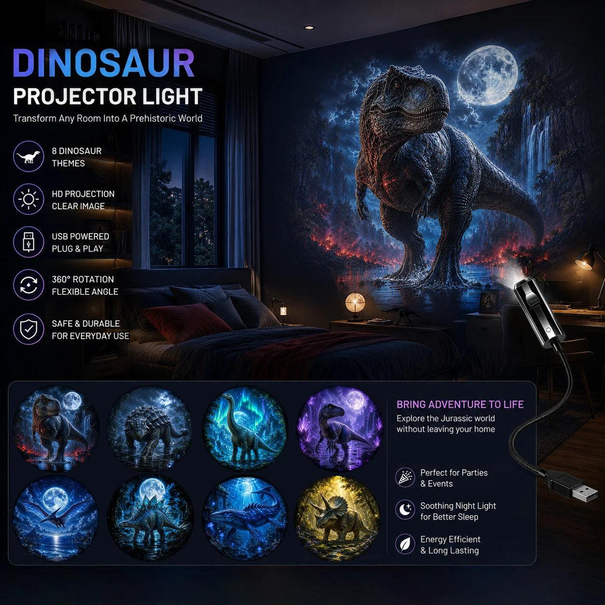 Dinosaur Projector Night Light | USB Powered | Toylandeu™