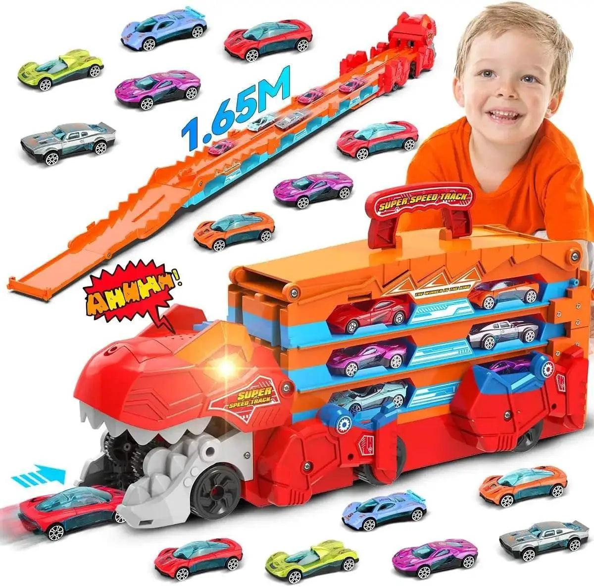  Dinosaur Transport Truck Set with 8 Race Cars and Ejection Track Toy for Kids Ages 3+ -  ToylandEU™