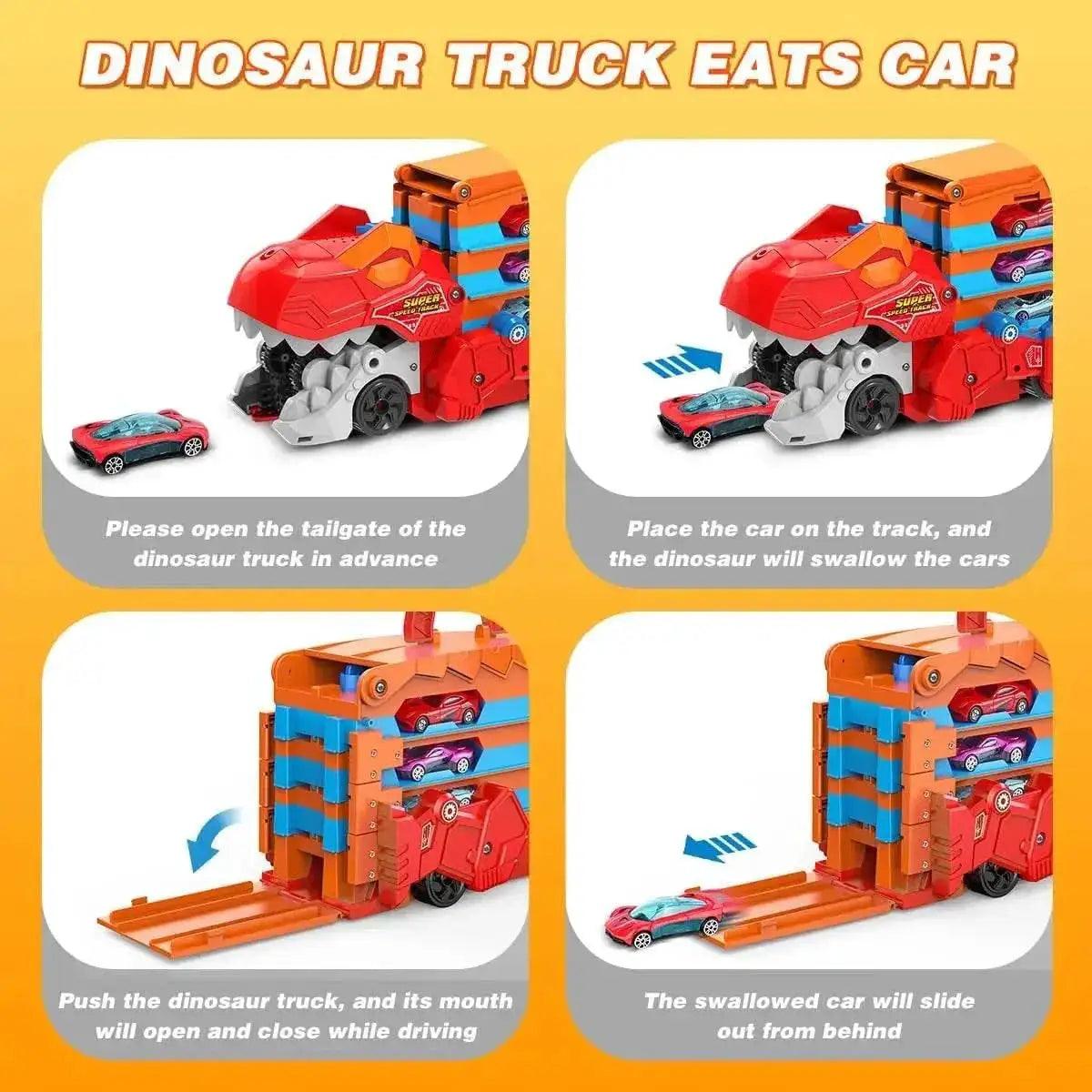  Dinosaur Transport Truck Set with 8 Race Cars and Ejection Track Toy for Kids Ages 3+ -  ToylandEU™