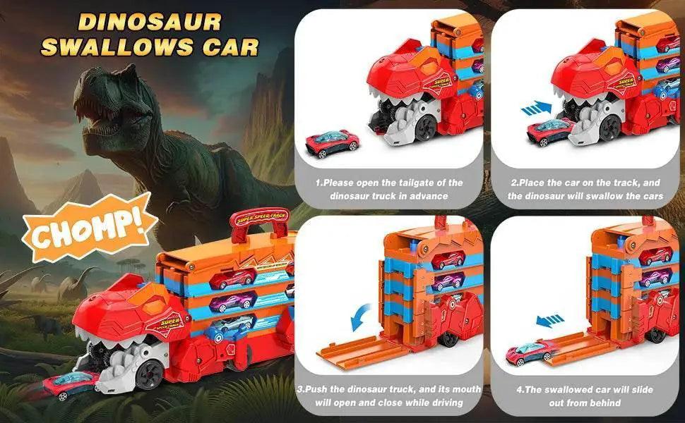  Dinosaur Transport Truck Set with 8 Race Cars and Ejection Track Toy for Kids Ages 3+ -  ToylandEU™