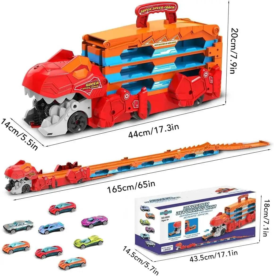  Dinosaur Transport Truck Set with 8 Race Cars and Ejection Track Toy for Kids Ages 3+ -  ToylandEU™