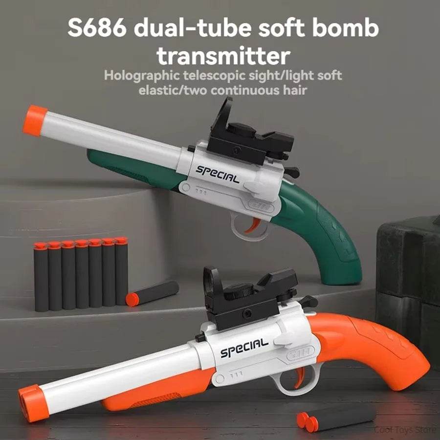 Double Barreled S686 Manual Soft Bullet Toy Gun Foam Dart Blaster Plastic Safe Shooting Model for Kids and Boys Games - ToylandEU