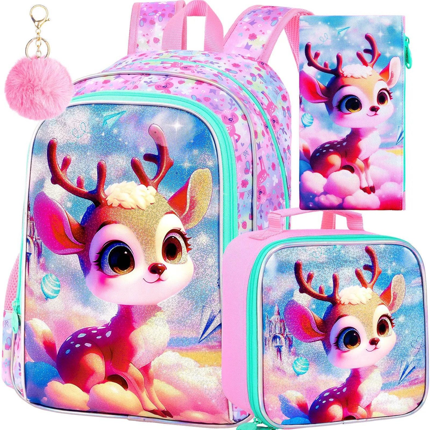 Durable Backpack Set 3 In 1 With UV Print Lunch Box And Pencil Case White Cloud Deer For Girls 7 To 13 - ToylandEU