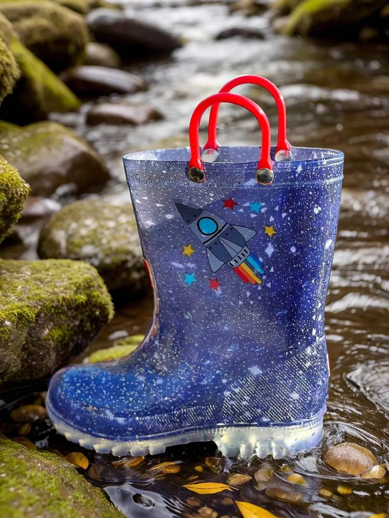 Durable Kids Rain Boots With Rocket Pattern And Easy Carry Double Ear Design - ToylandEU