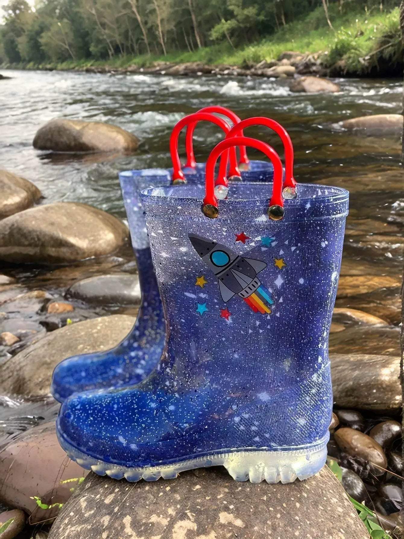 Durable Kids Rain Boots With Rocket Pattern And Easy Carry Double Ear Design - ToylandEU