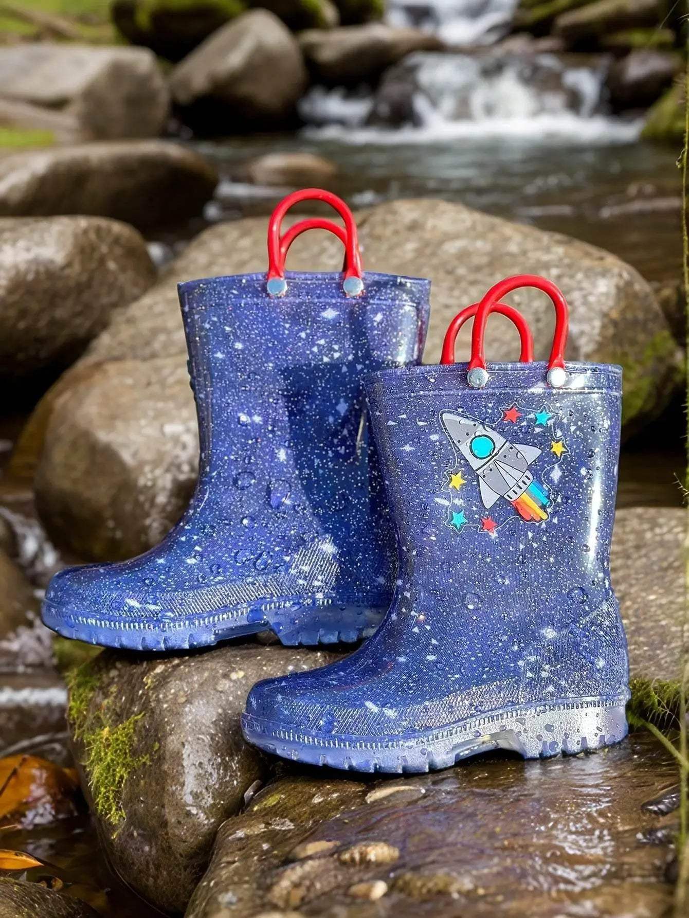 Durable Kids Rain Boots With Rocket Pattern And Easy Carry Double Ear Design - ToylandEU