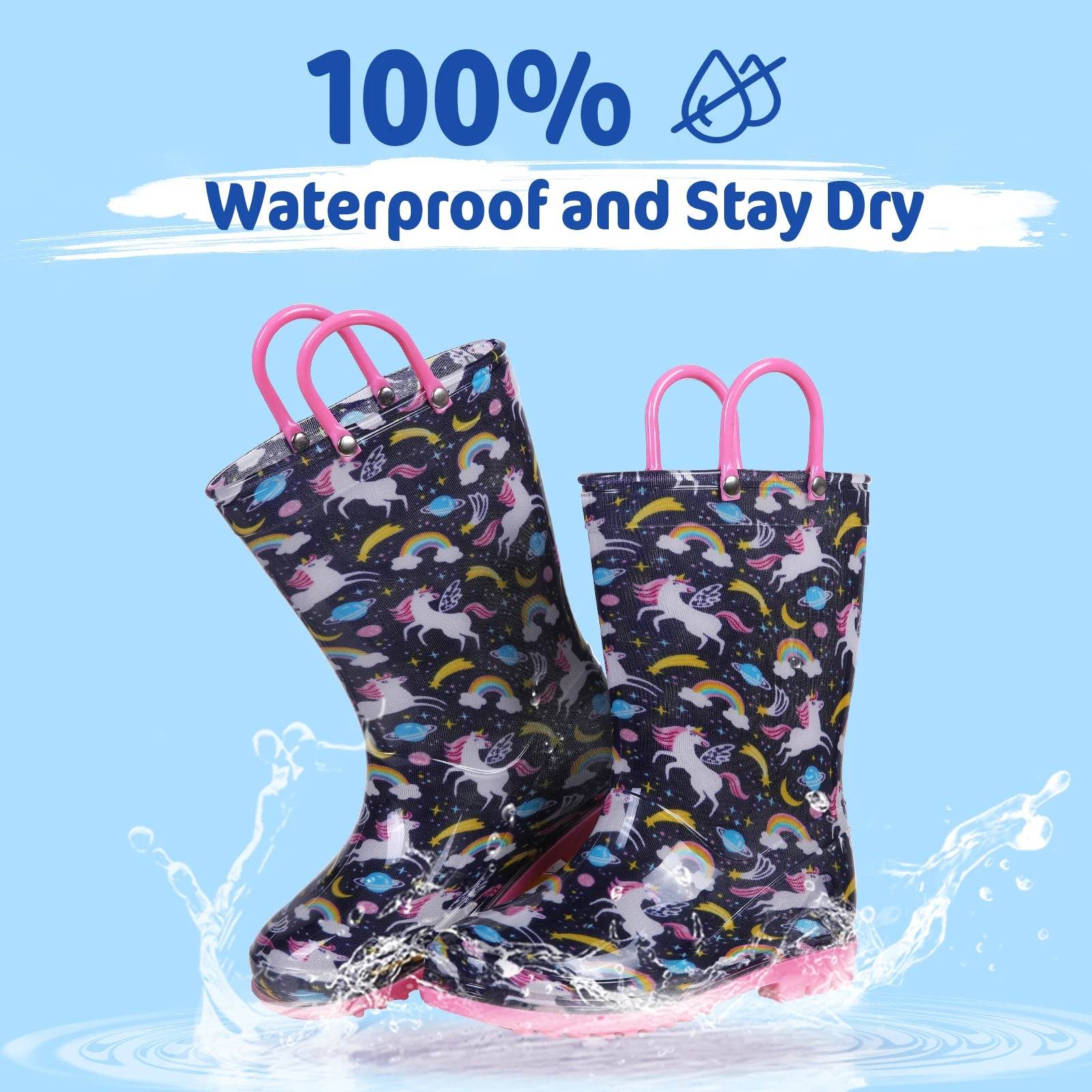 Durable Toddler Rain Boots with Handles Cute Dinosaur and Unicorn Design Waterproof Non-Slip for Kids Outdoor Use - ToylandEU