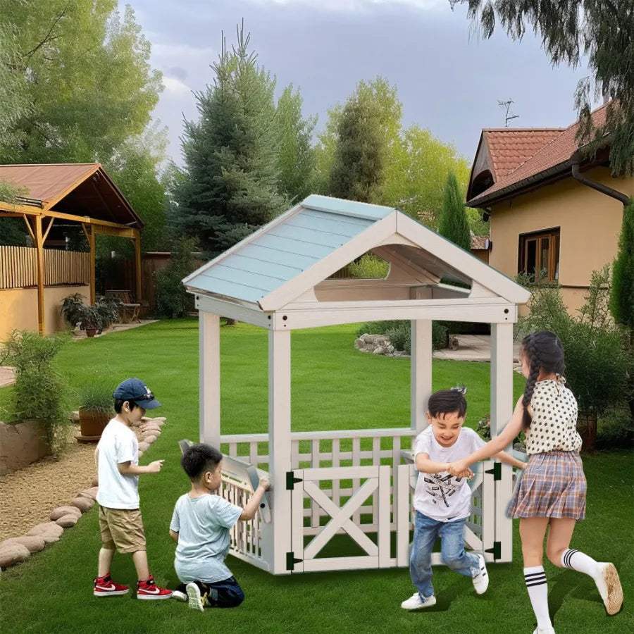  Durable Wooden Outdoor Playhouse With Built In Bench -  ToylandEU™