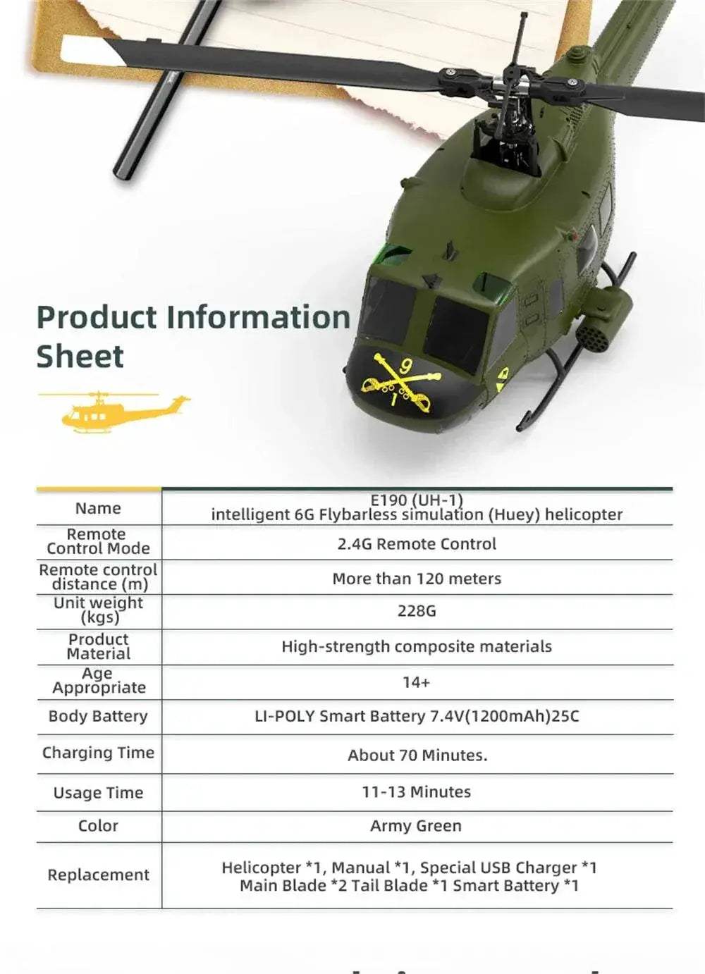 Eachine E190 1:34 UH-1 HUEY Scale 2.4G 6CH RC Helicopter - ToylandEU