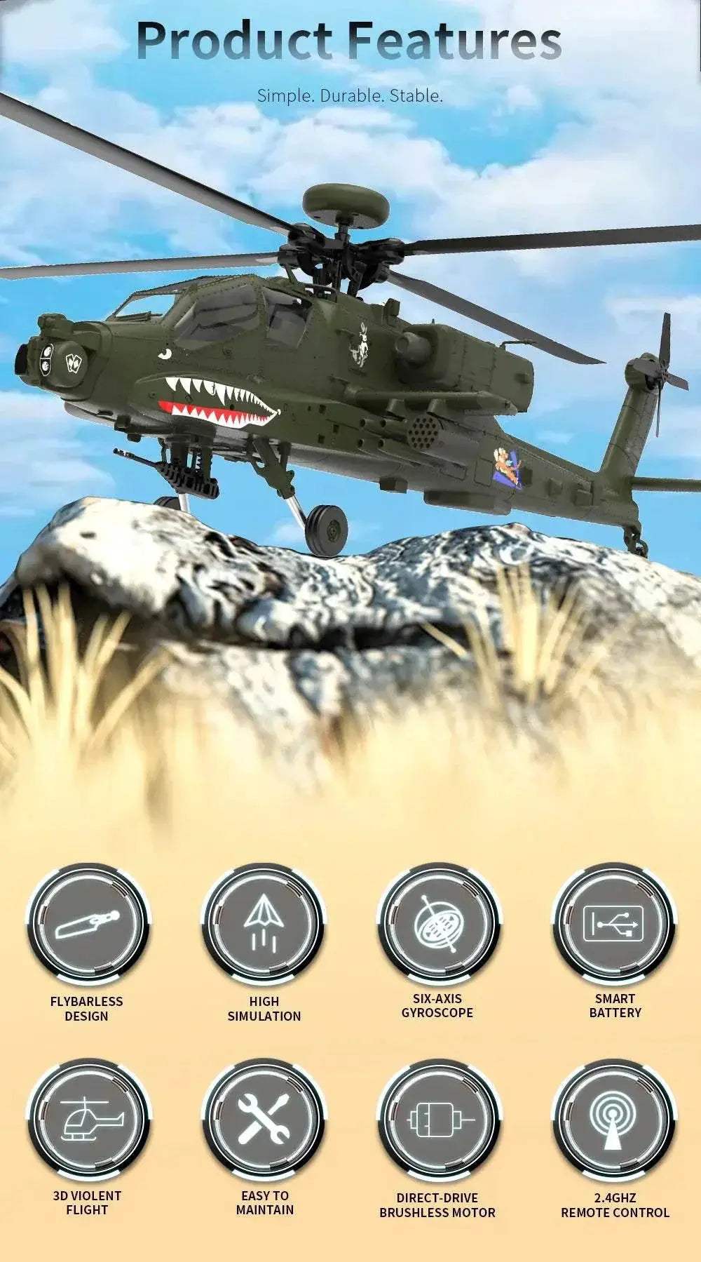 Eachine E250 AH-64 Apache 2.4G 6CH Flybarless RC Helicopter - ToylandEU
