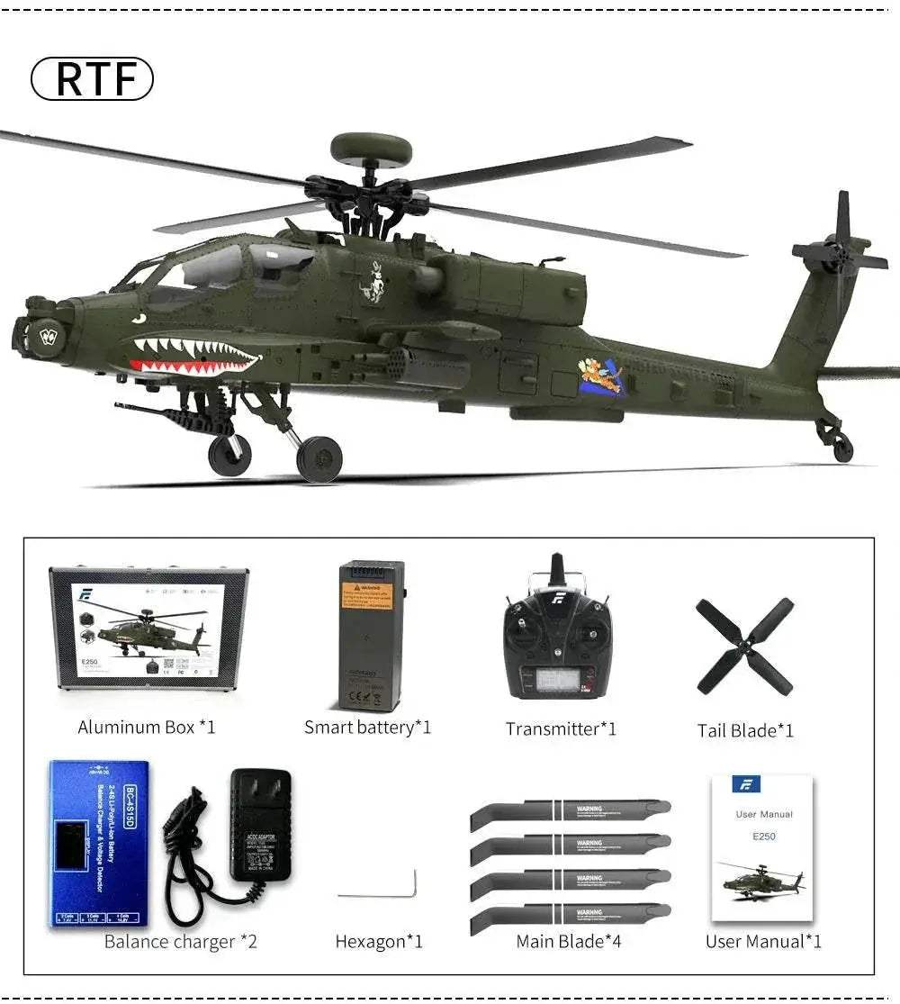 Eachine E250 AH-64 Apache 2.4G 6CH Flybarless RC Helicopter - ToylandEU