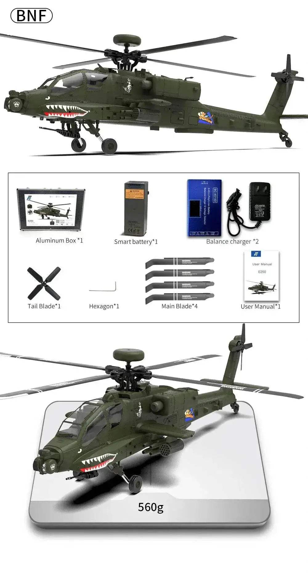 Eachine E250 AH-64 Apache 2.4G 6CH Flybarless RC Helicopter - ToylandEU