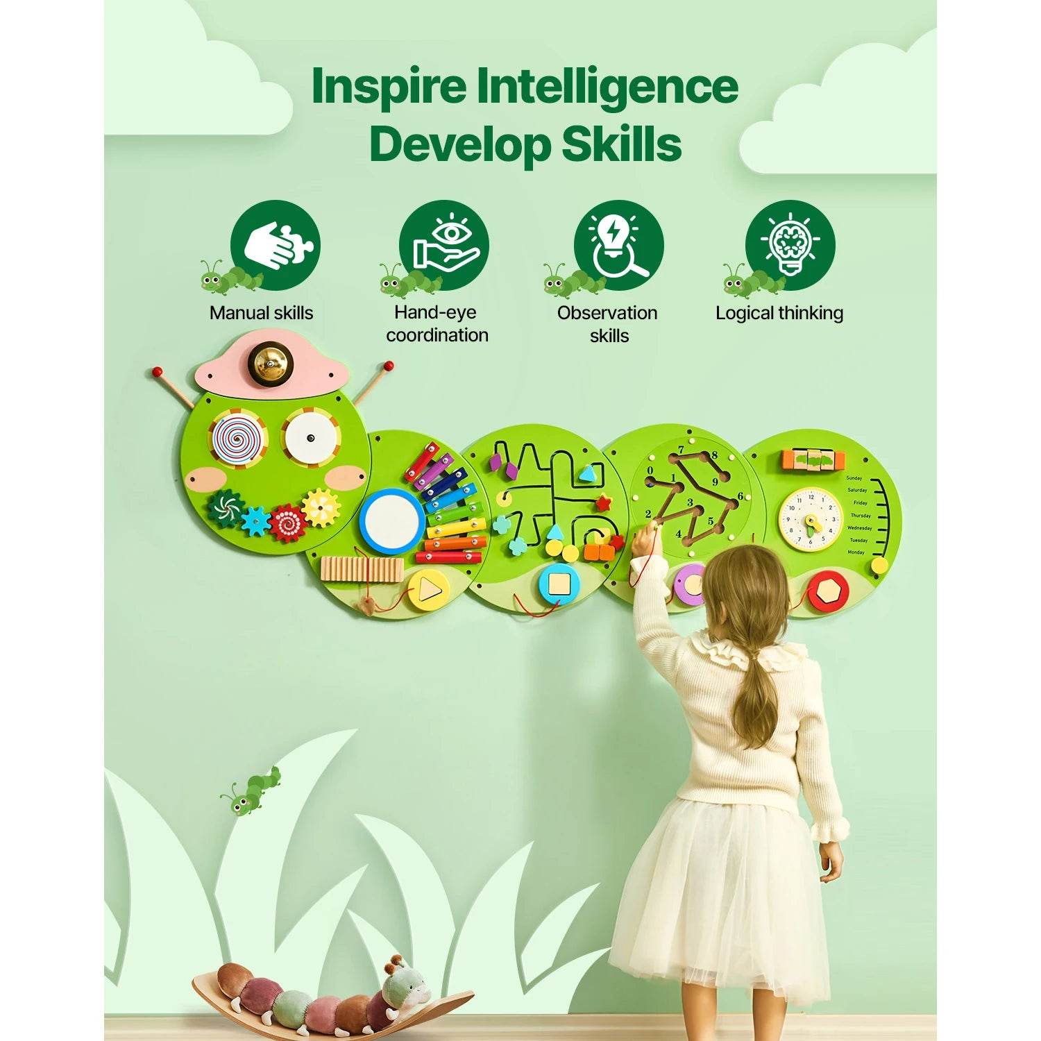 Educational Caterpillar Wall Busy Board 12 Activities Kids - ToylandEU
