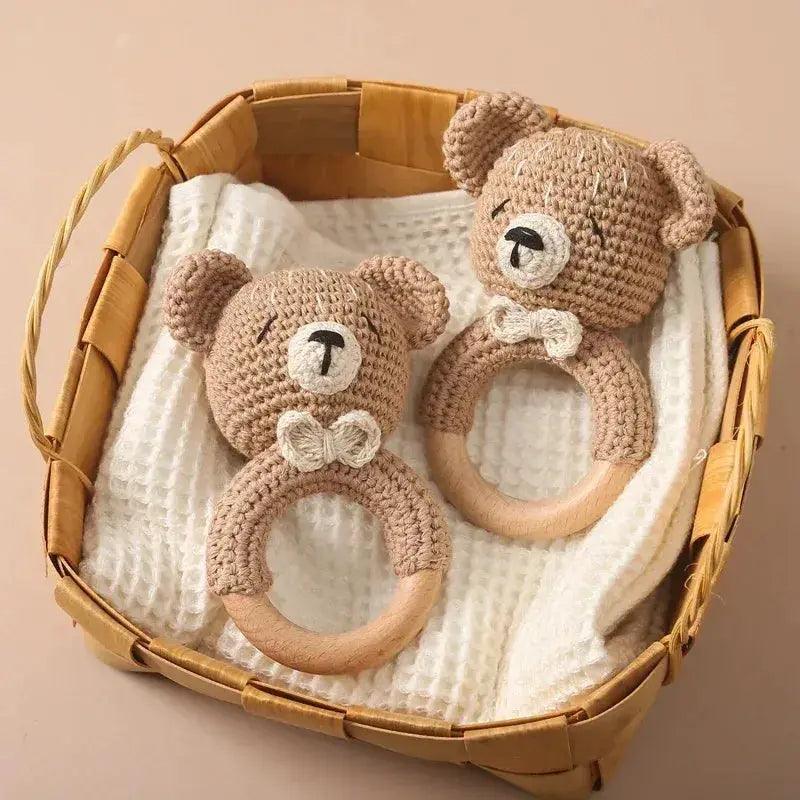  Baby Crochet Bear Rattle Toy 10 cm Cube Wooden Elements Unisex 0-36 Months Montessori -  ToylandEU™