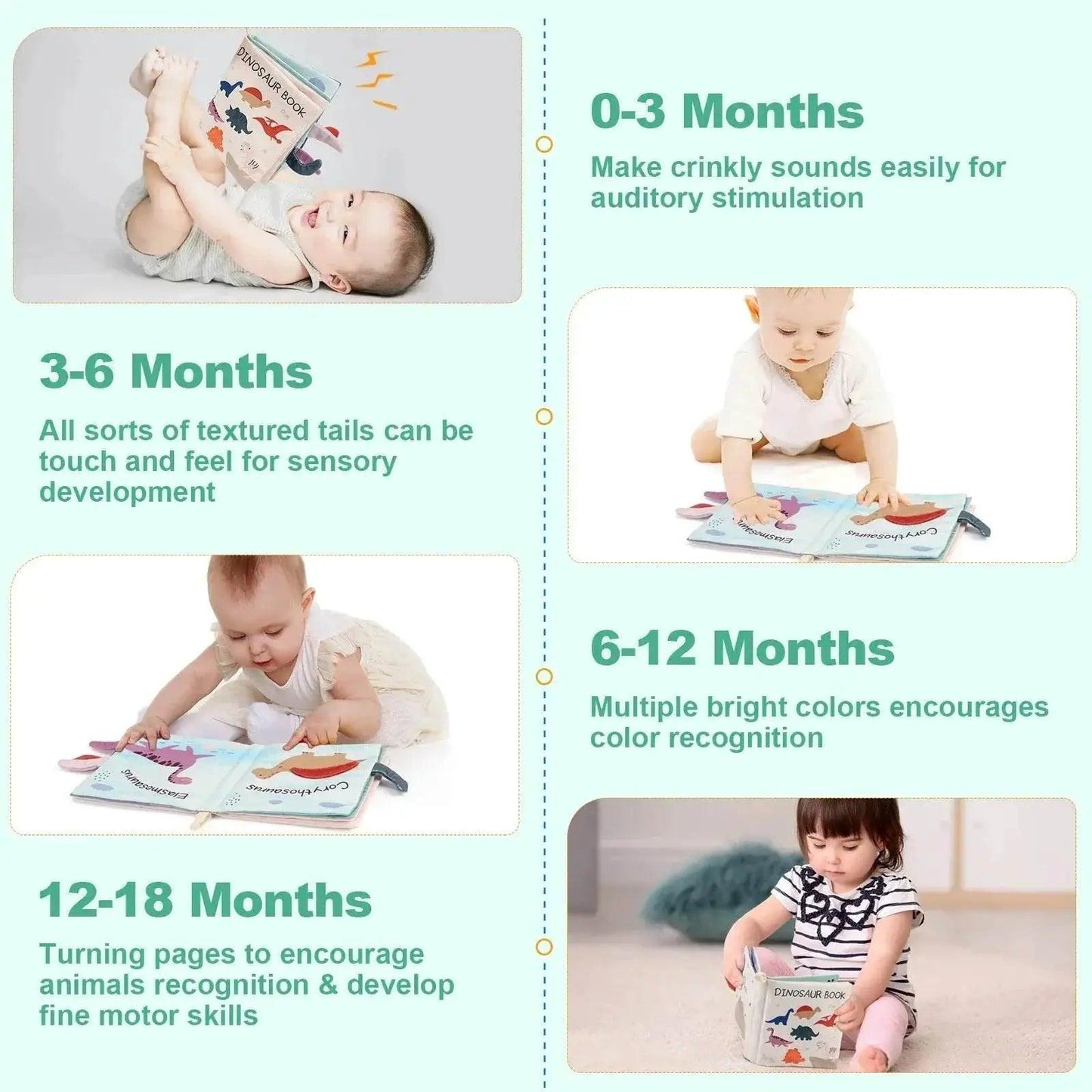  Baby Soft Cloth Dinosaur Book 17x16cm Interactive Sensory Montessori Toy For 0-36 Months -  ToylandEU™
