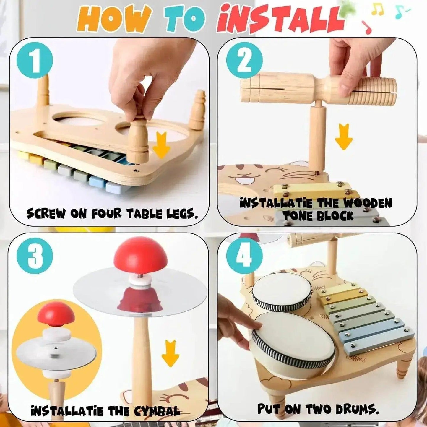  Wooden Xylophone Drum Set For Toddlers 7-In-1 Montessori -  ToylandEU™