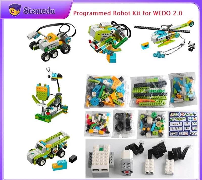 Stemedu programmed robot kit for WEDO 2.0 with various components and parts on a white background.